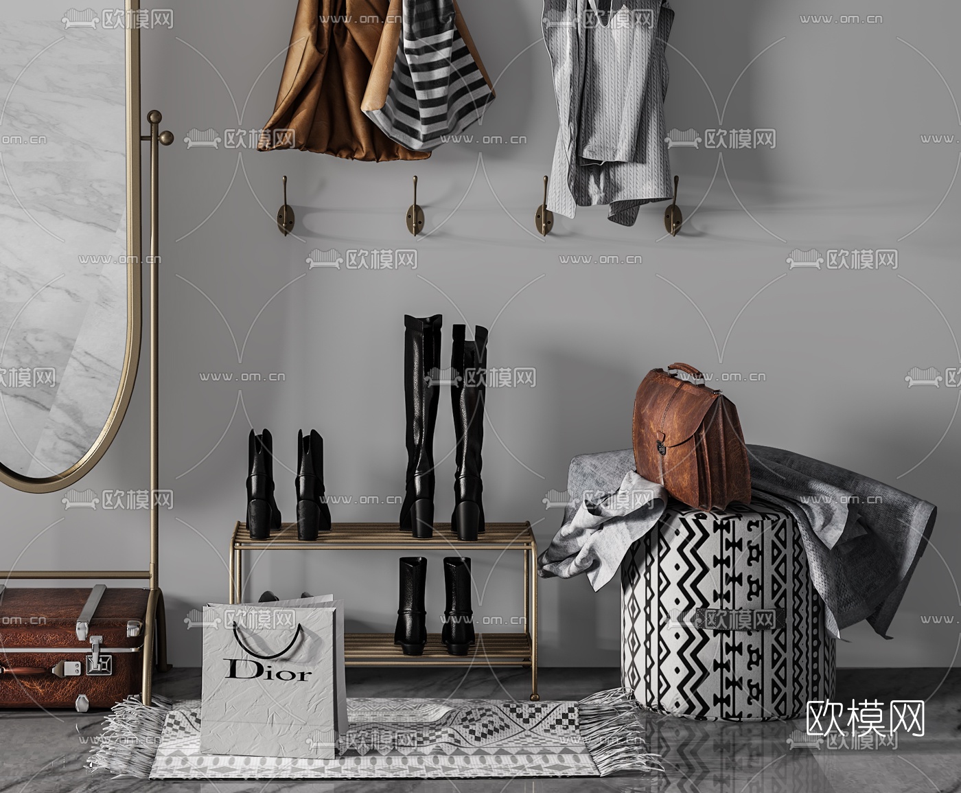 工业风装饰架镜子服饰组合3d模型下载（渲染图2）