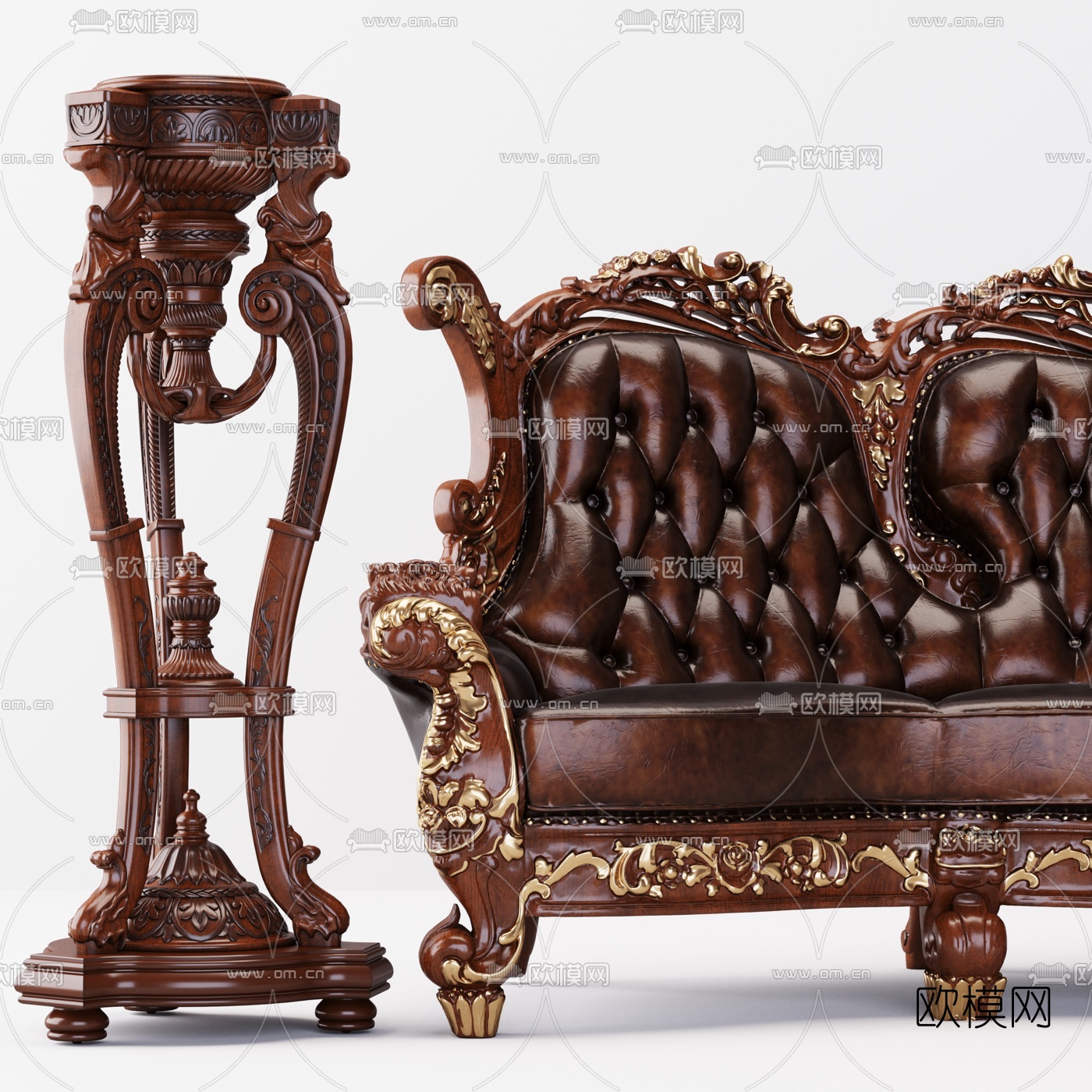 法式轻奢雕花多人沙发3d模型下载（渲染图2）