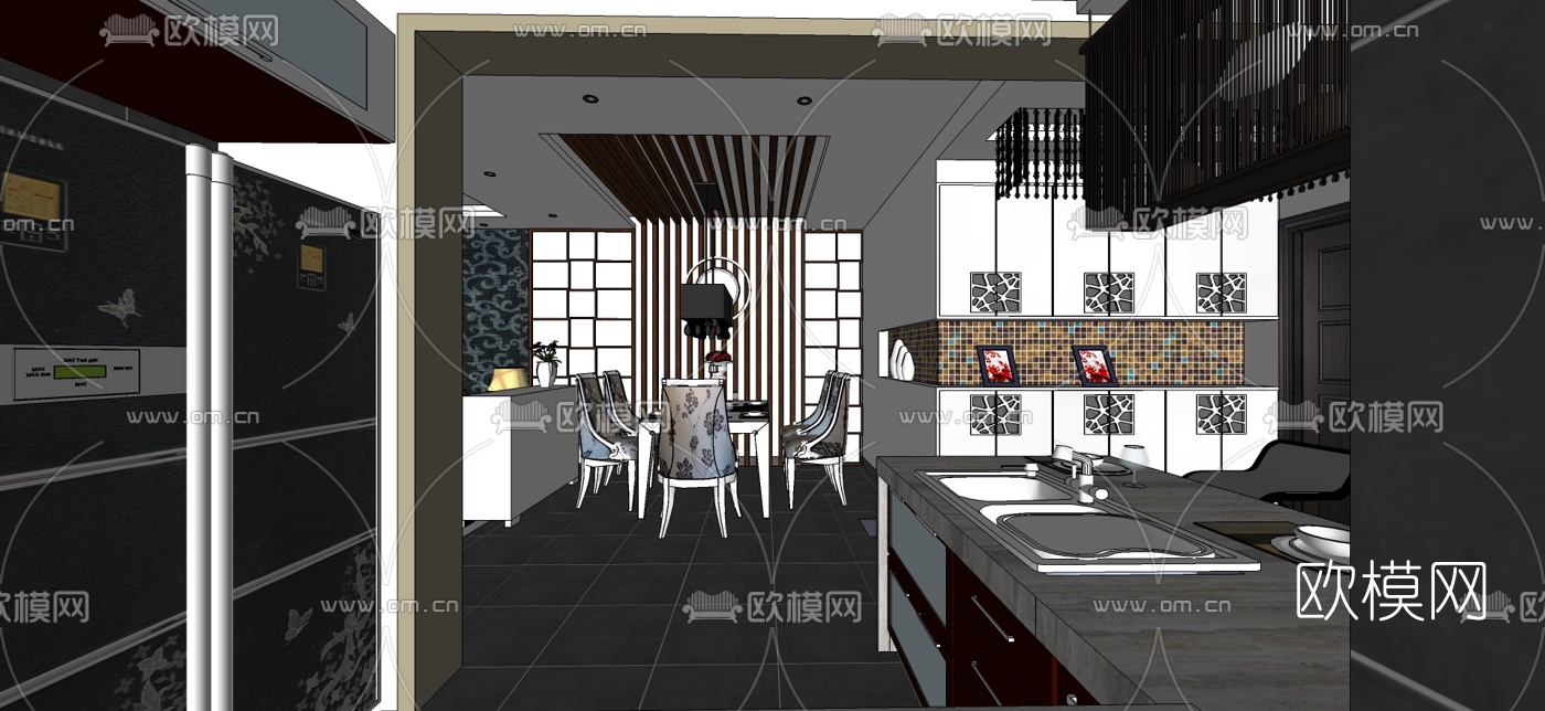 欧式客餐厅su模型下载（渲染图3）