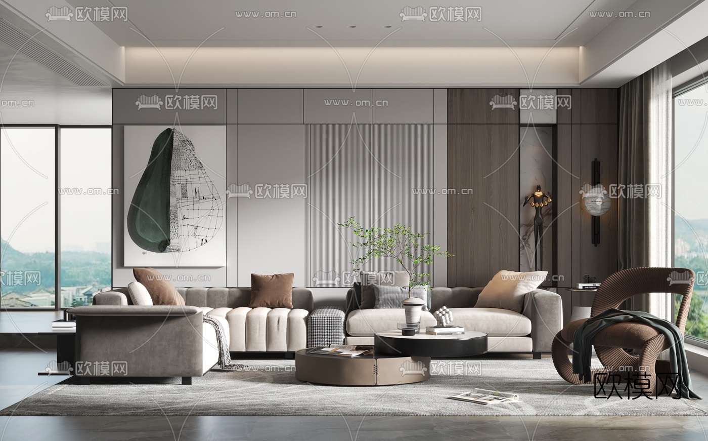 现代布艺转角沙发组合3d模型下载