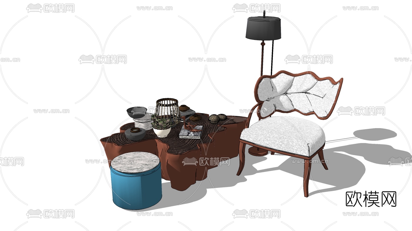 新中式休闲椅茶几组合su模型下载（渲染图1）