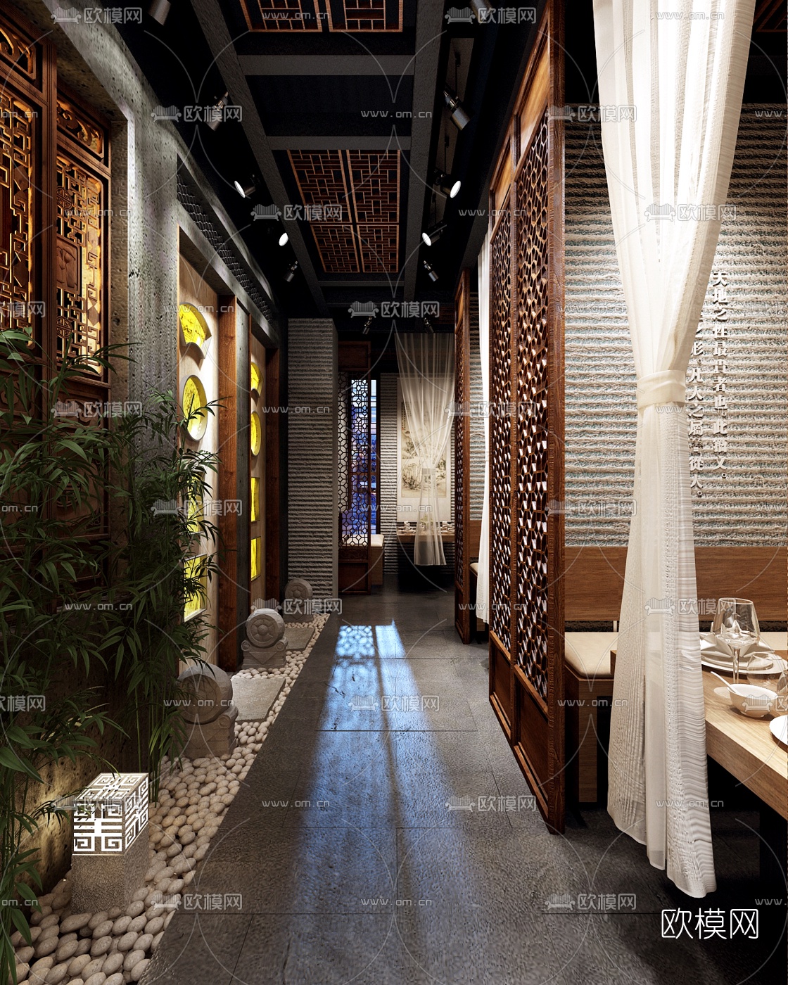 中式餐厅卡座过道3D模型