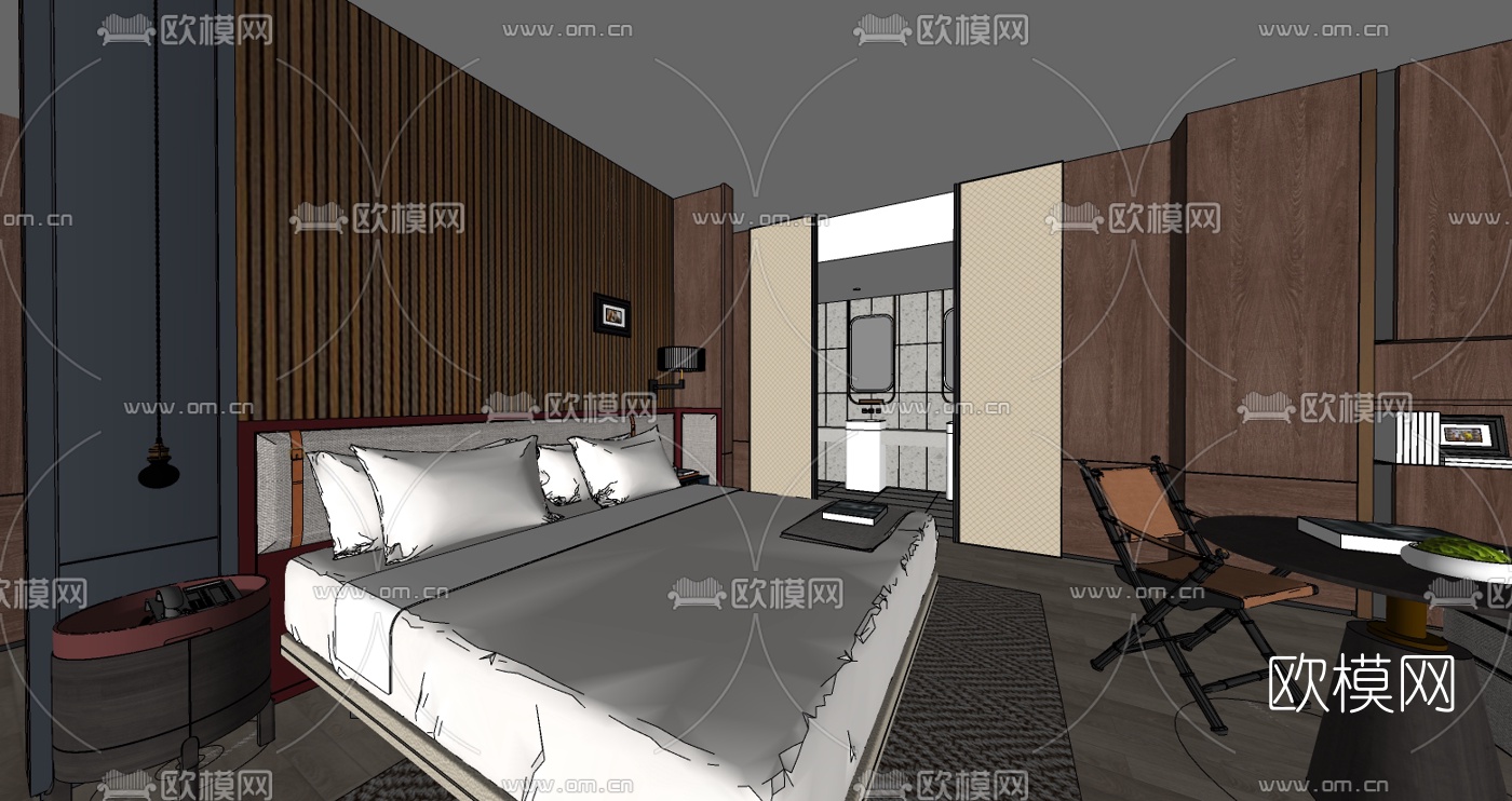 新中式酒店客房su模型下载（渲染图3）