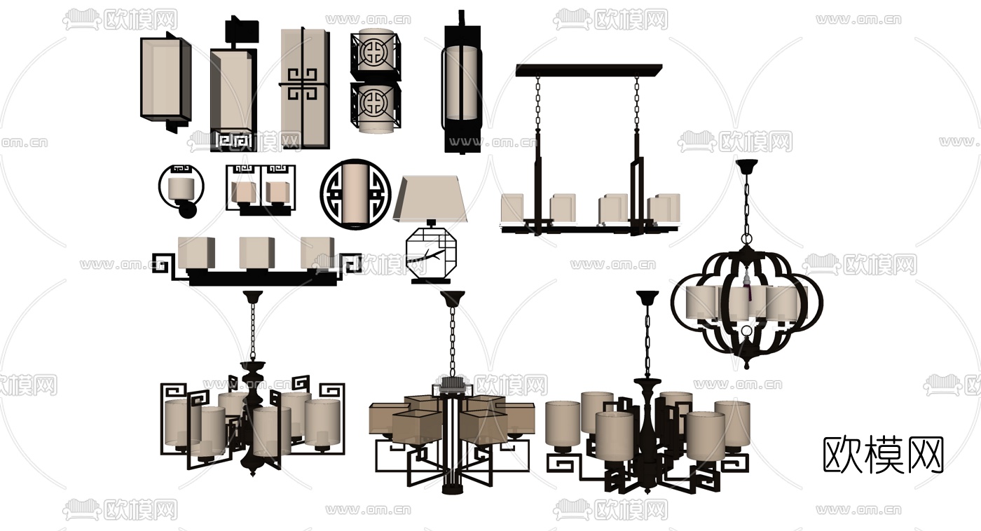 新中式金属吊灯su模型下载