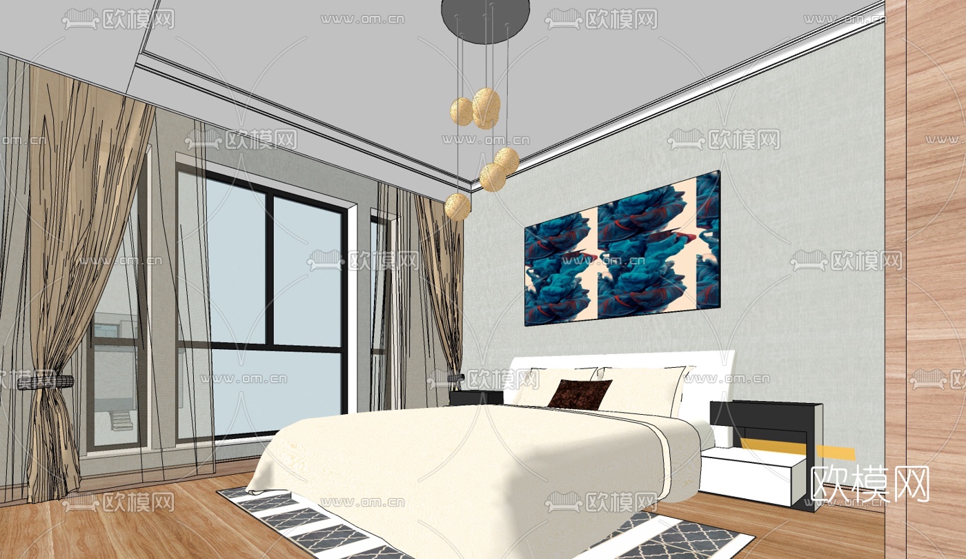 北欧卧室免费su模型下载（渲染图1）