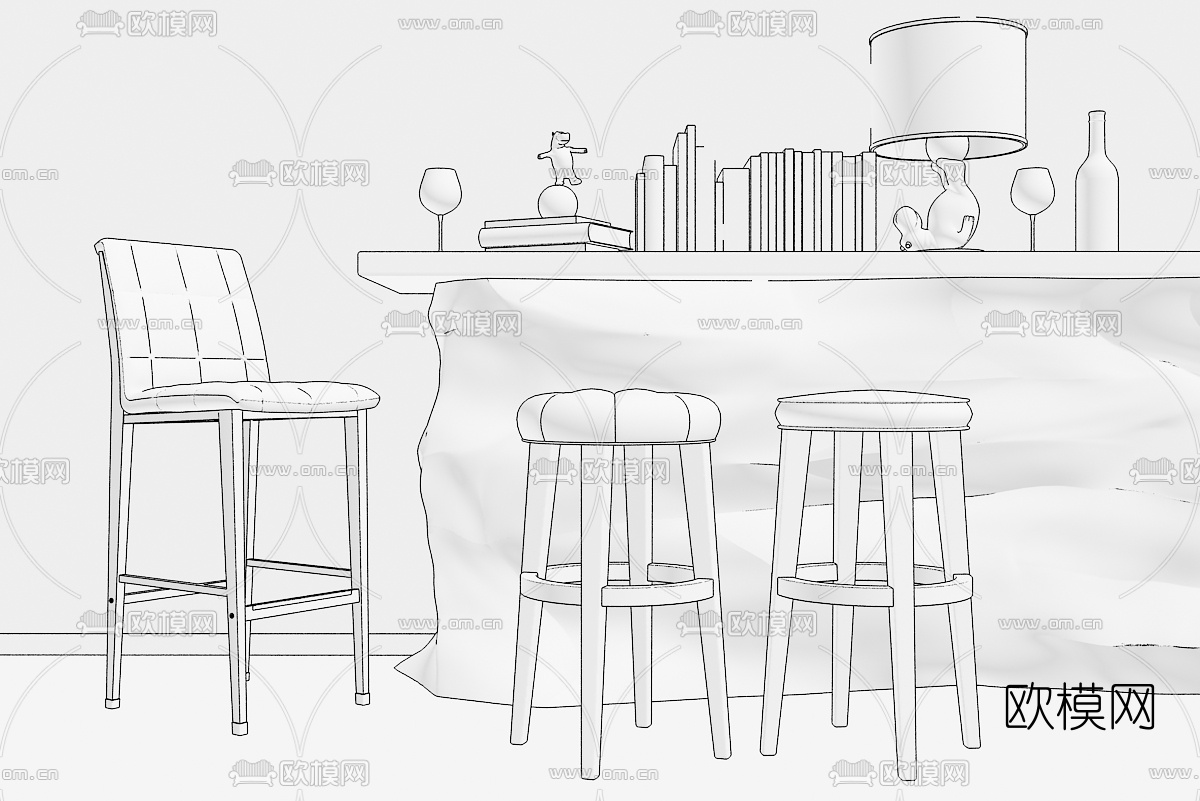 北欧吧台书籍台灯饰品摆件3D模型下载（渲染图2）