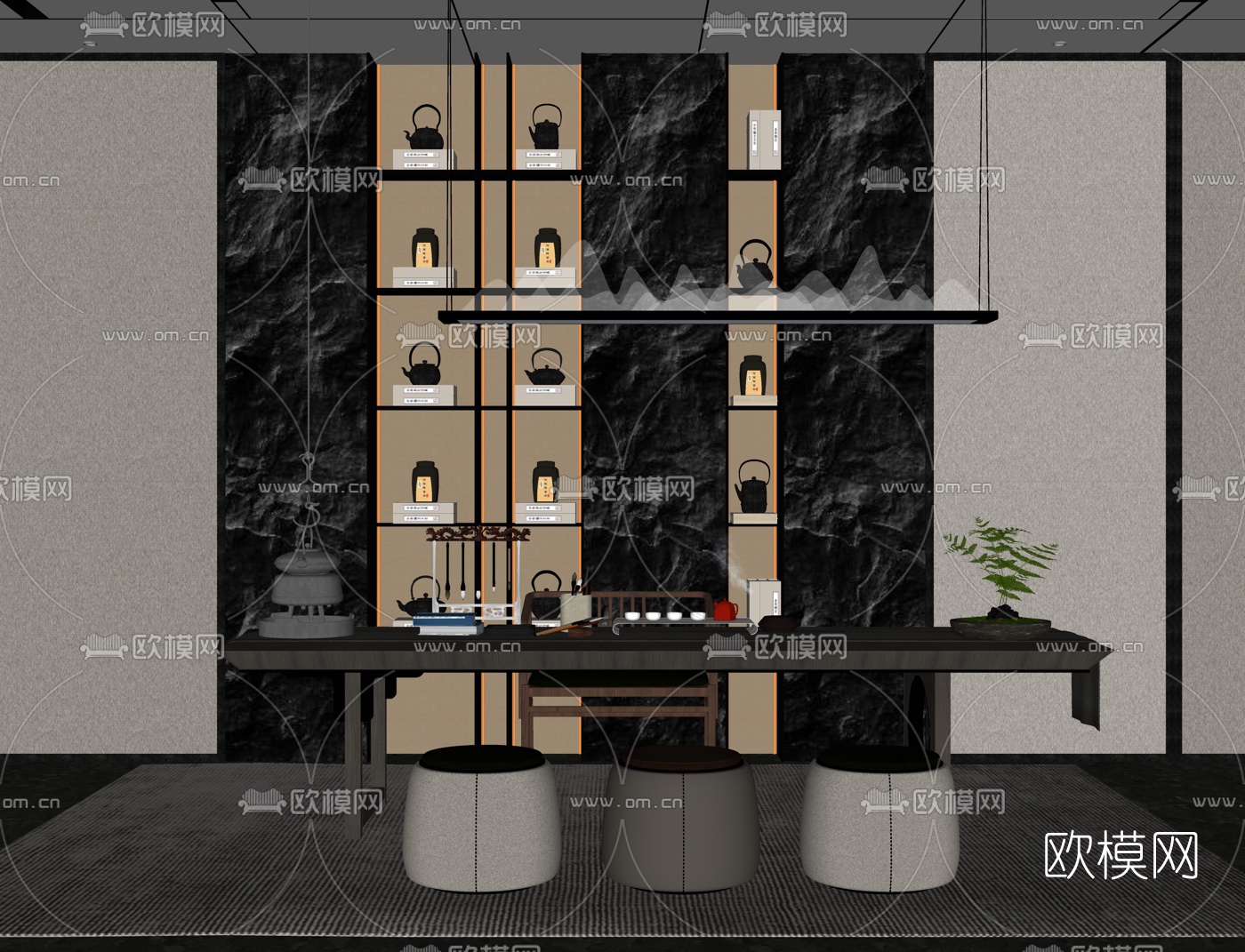 新中式茶室书房su模型下载（渲染图2）