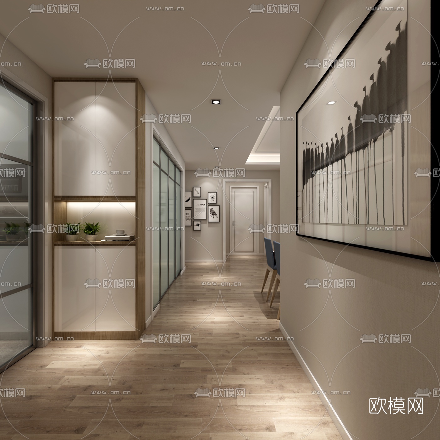 现代客厅过道卧室组合3D模型-免费3dmax模型库-欧模网