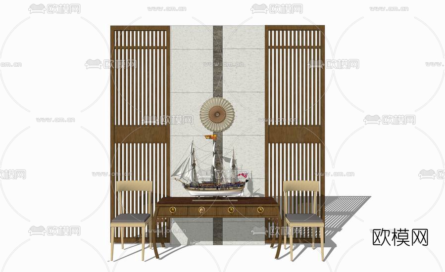 新中式端景条案su模型下载（渲染图2）