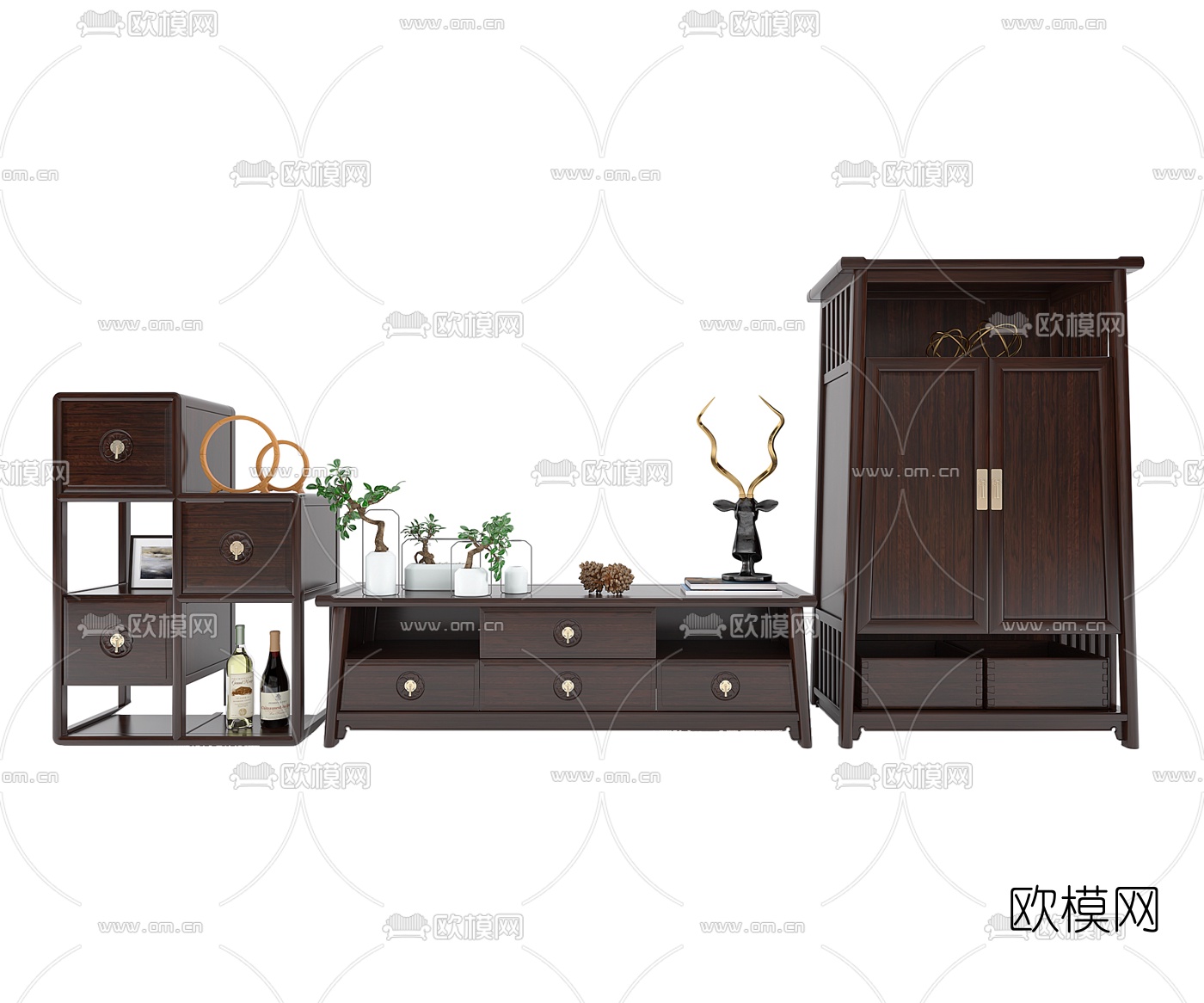 新中式实木电视柜边柜斗柜3d模型下载