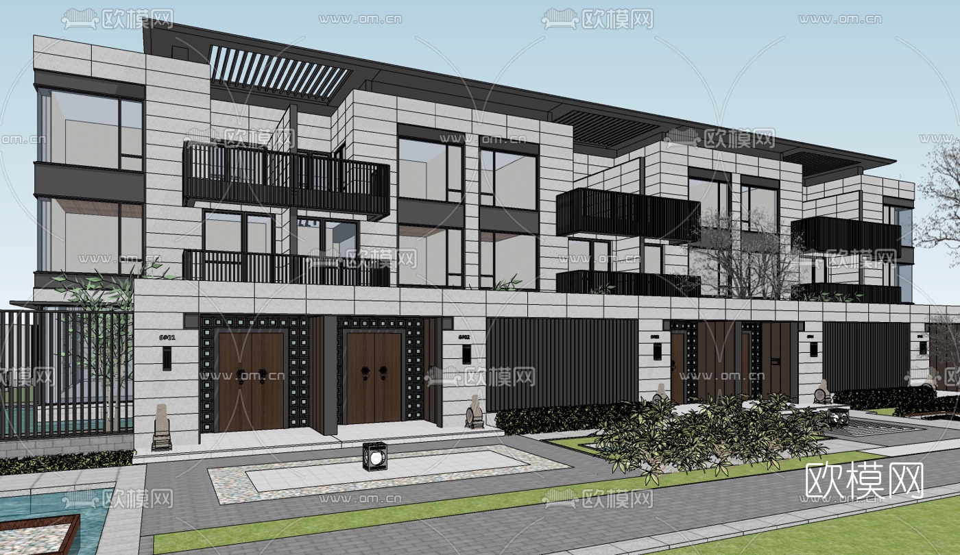 新中式连排别墅免费su模型下载（渲染图1）
