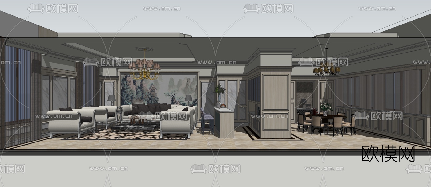 欧式轻奢客厅餐厅su模型