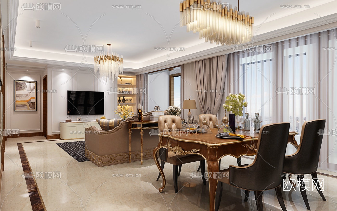 简欧客厅餐厅3D模型-免费3dmax模型库-欧模网