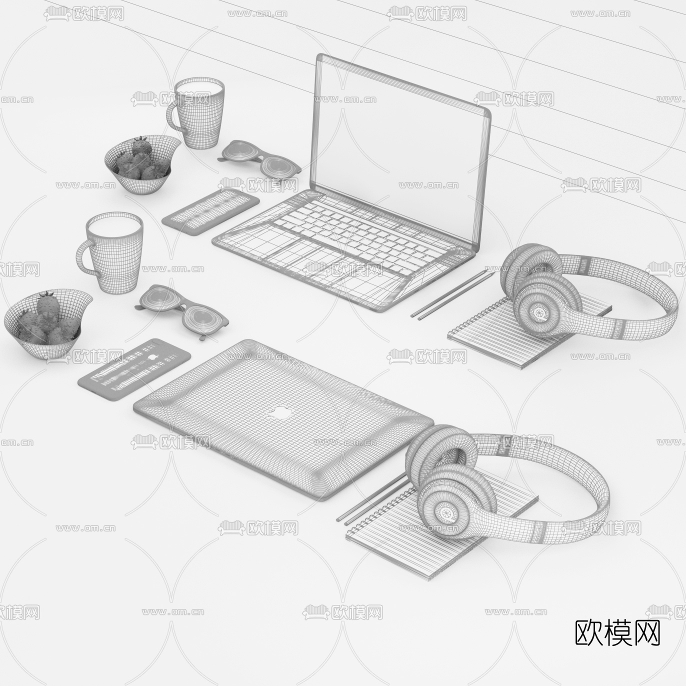 现代苹果笔记本手机办公用品组合3d模型下载（渲染图2）