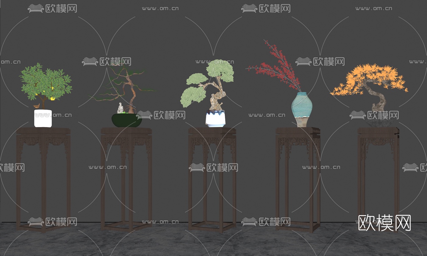 新中式花架盆栽盆景su模型下载（渲染图2）