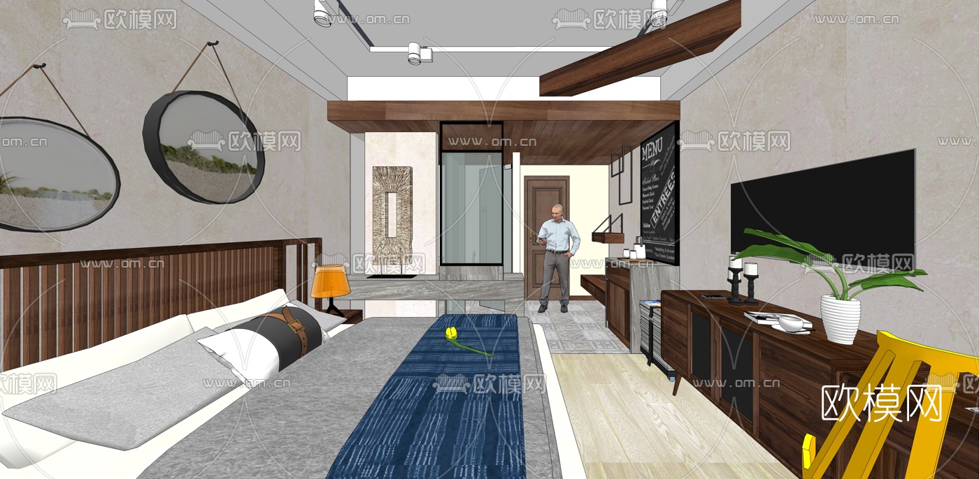 中式卧室主人房su模型下载（渲染图2）