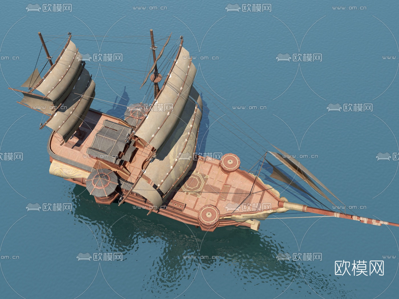 新中式运河宝船3d模型下载（渲染图2）