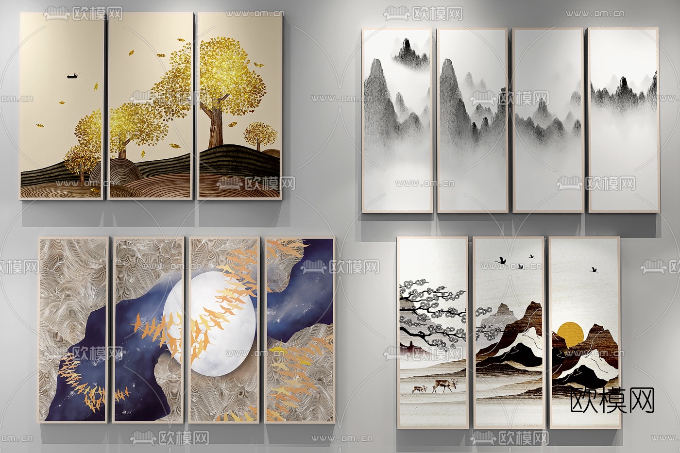 新中式手绘装饰画组合3D模型