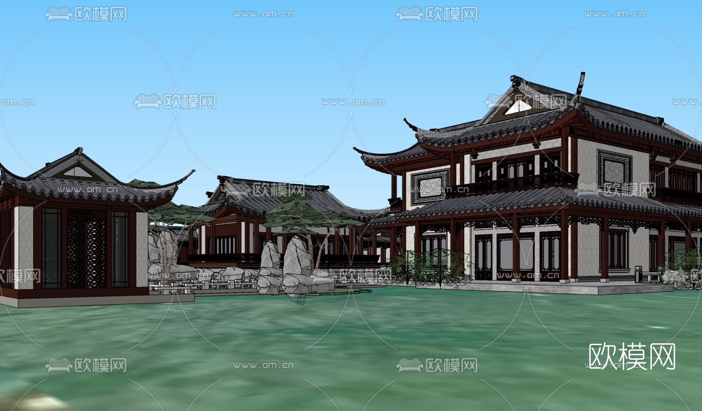 中式庭院别墅su模型下载（渲染图3）