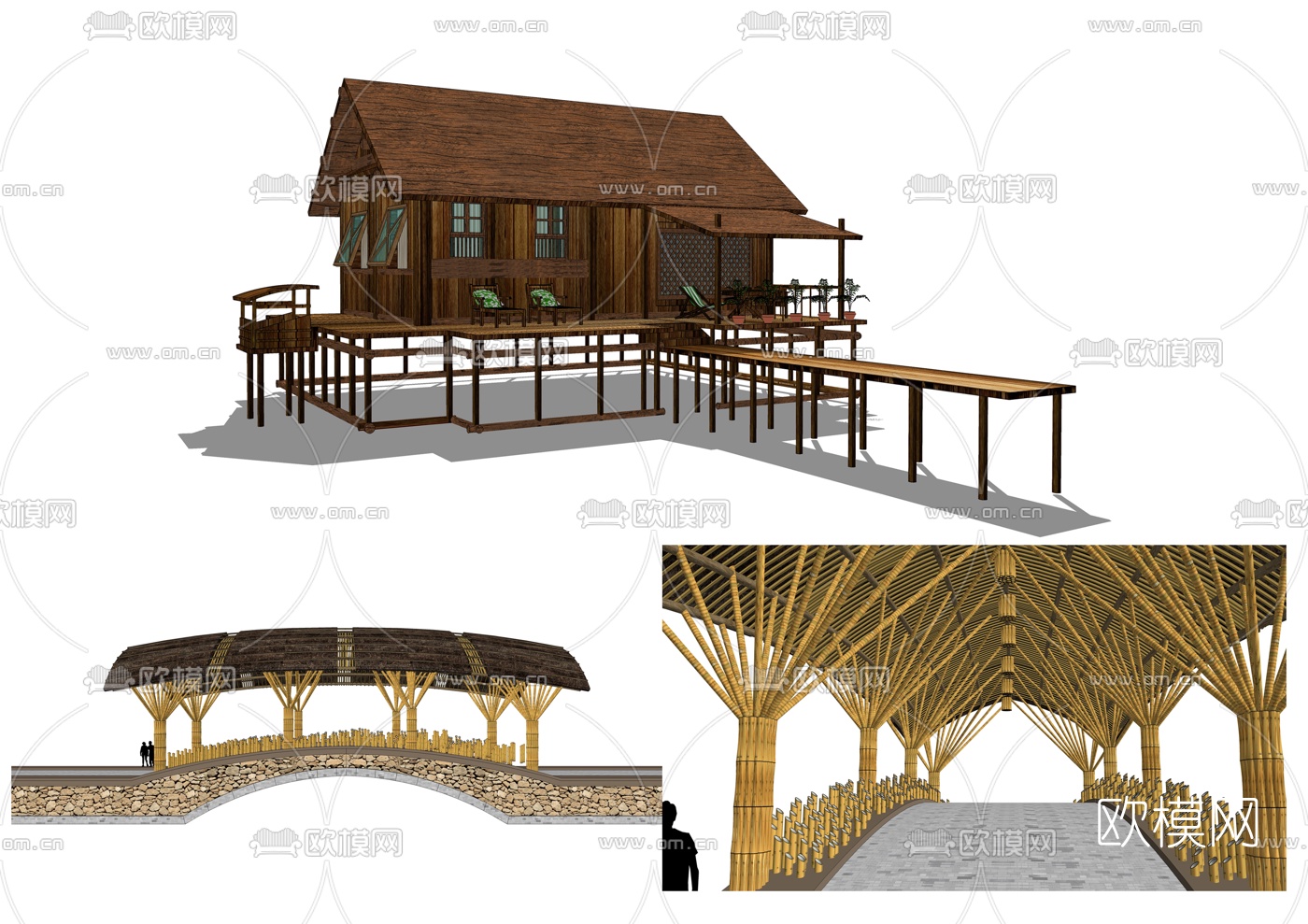 新中式吊脚楼拱桥组合su模型下载