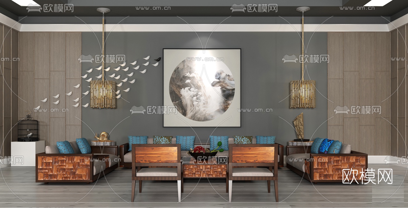 新中式沙发茶几挂画组合3d模型下载