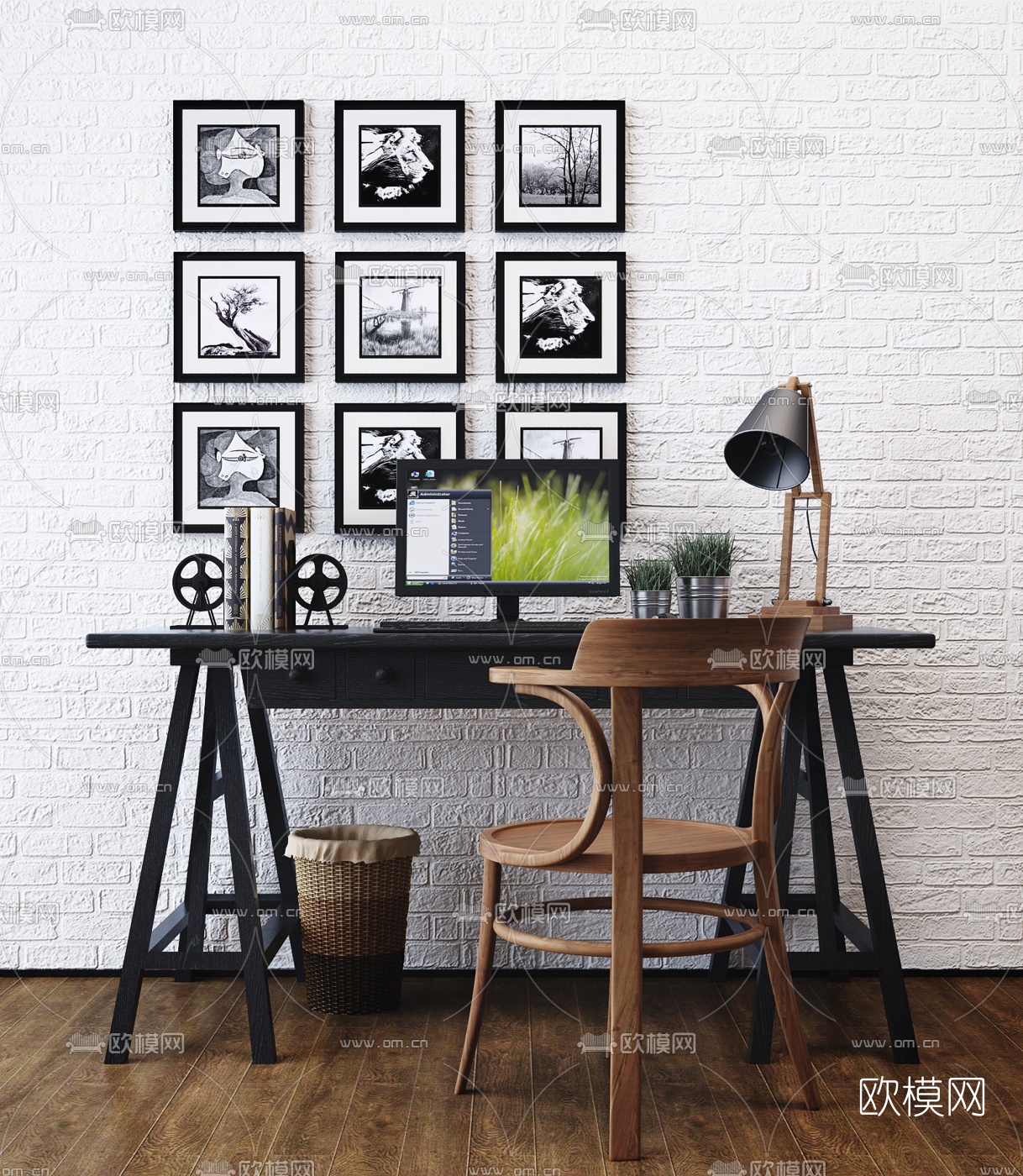 工业风书桌椅3d模型下载