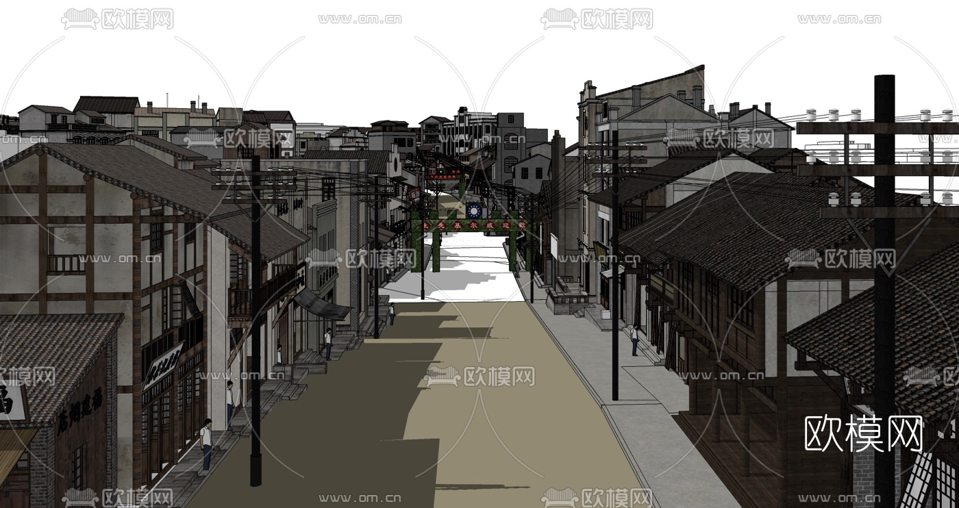 中式文化商业街规划su模型下载（渲染图2）