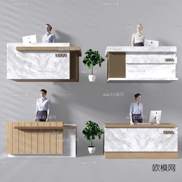 现代大理石前台接待台盆栽组合3D模型下载