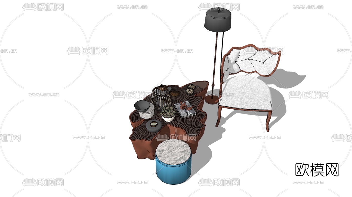 新中式休闲椅茶几组合su模型下载（渲染图2）