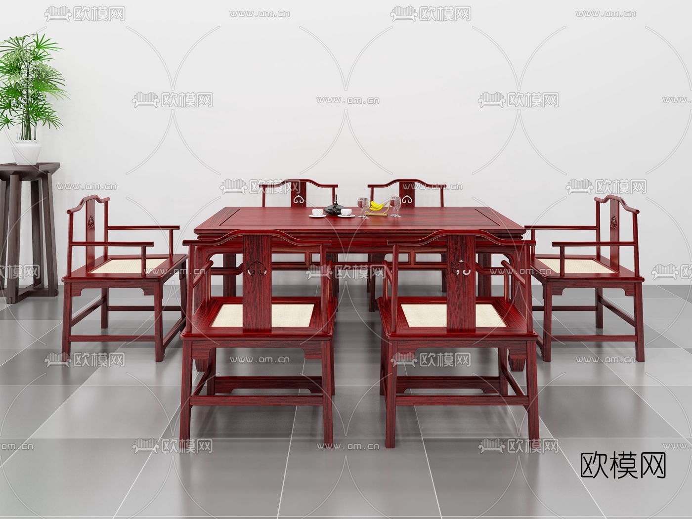 中式长形餐桌椅3d模型下载（渲染图2）