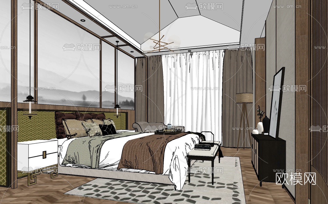 新中式酒店客房su模型下载