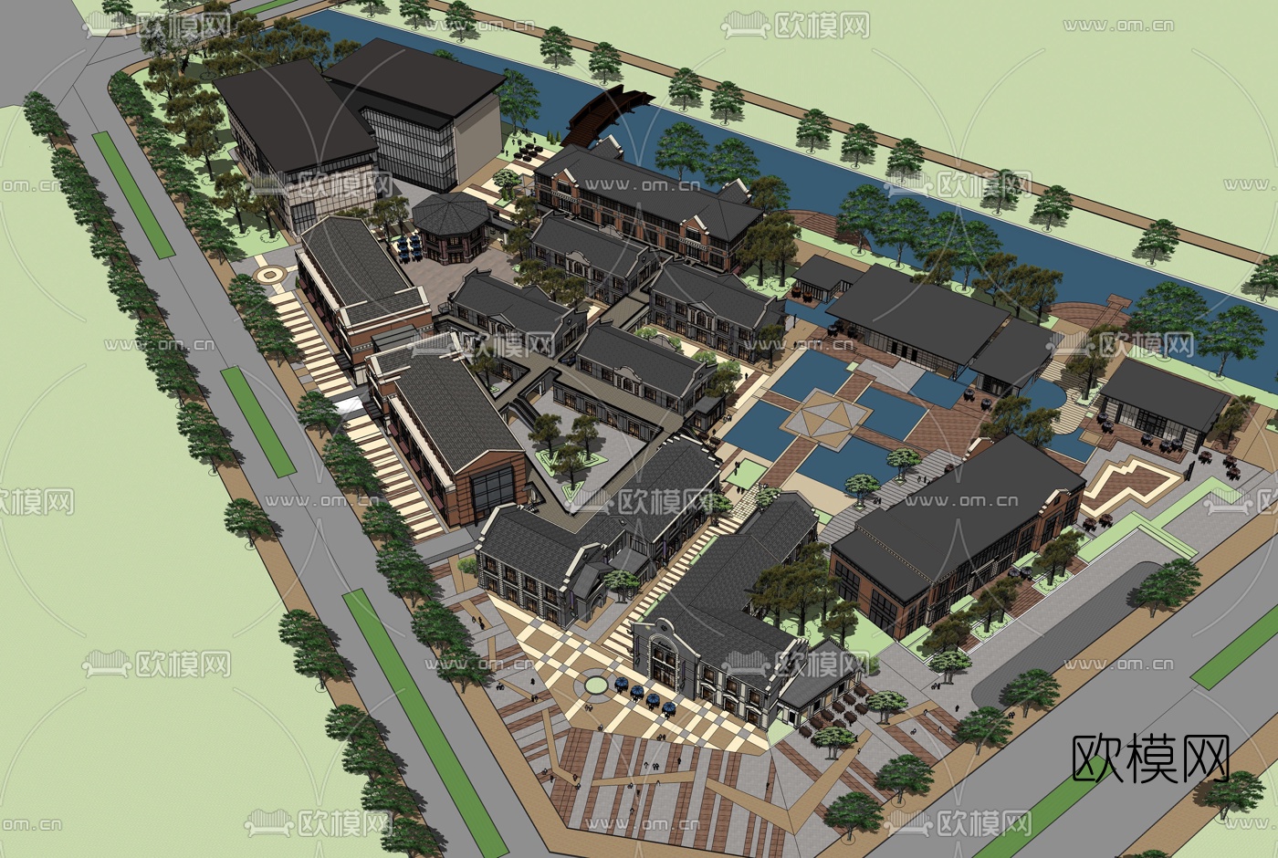 中式民国风酒吧商业街su模型下载（渲染图4）