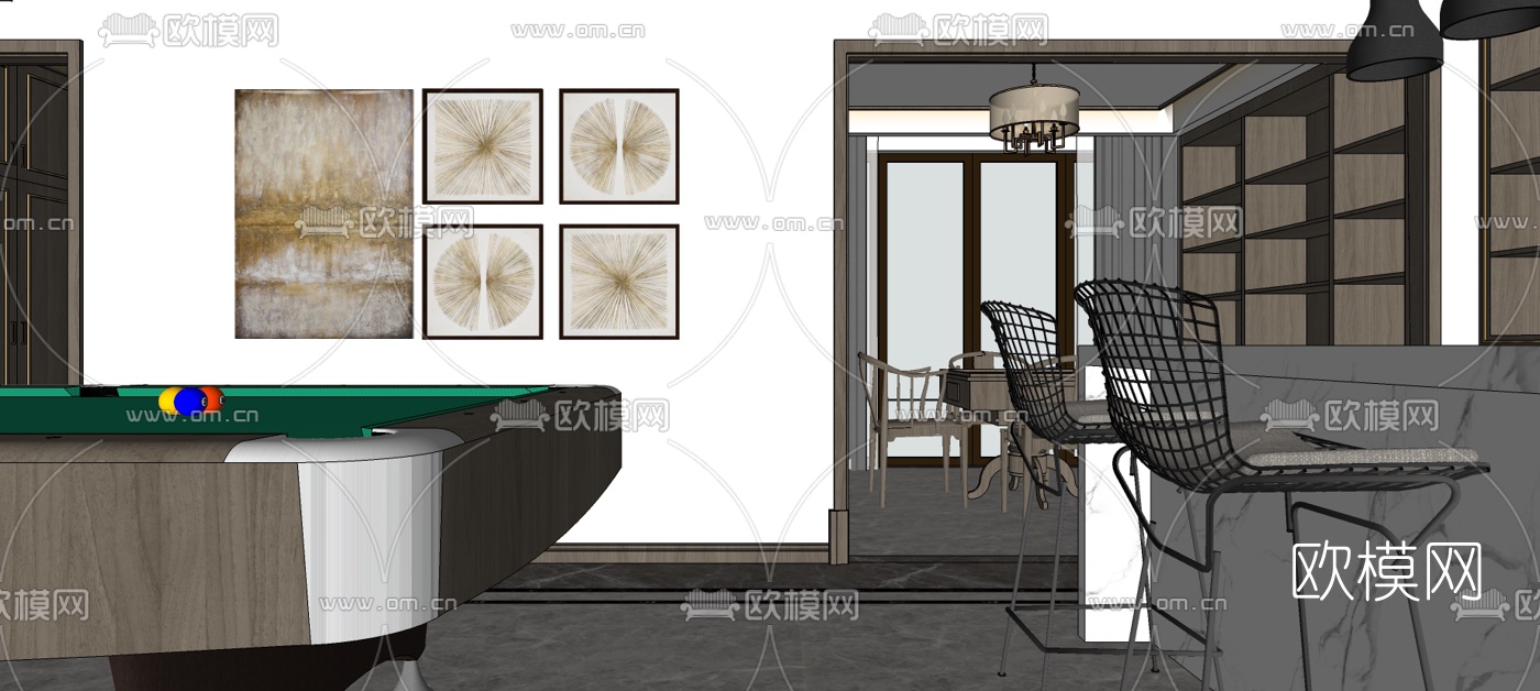新中式台球室su模型下载（渲染图2）