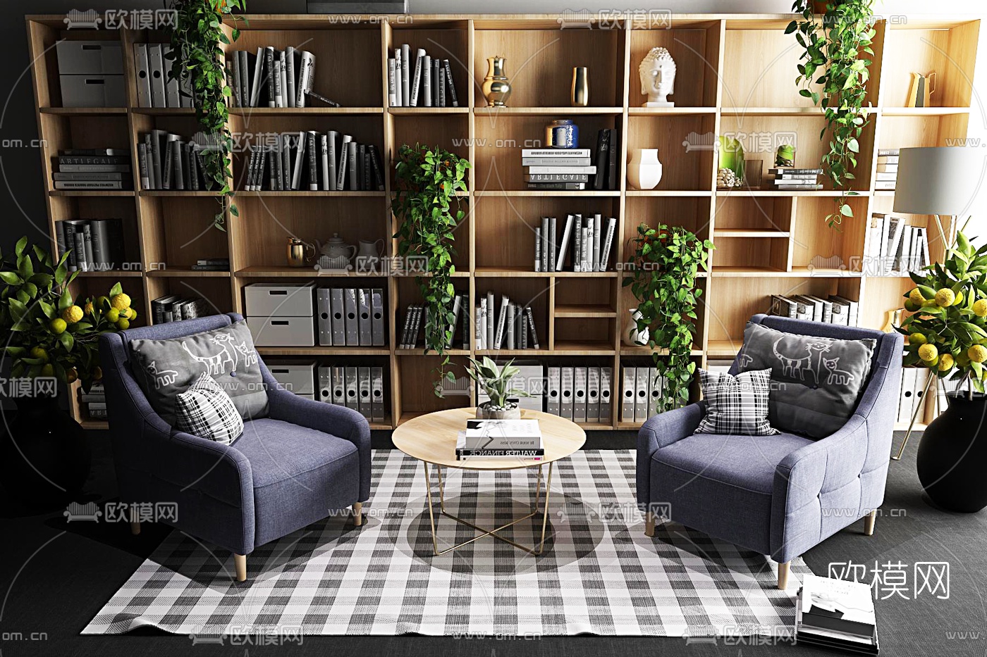 北欧休闲沙发茶几书柜3d模型下载