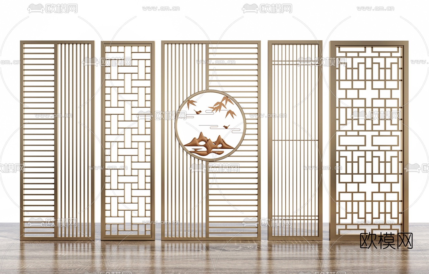 新中式镂空屏风隔断su模型下载（渲染图1）