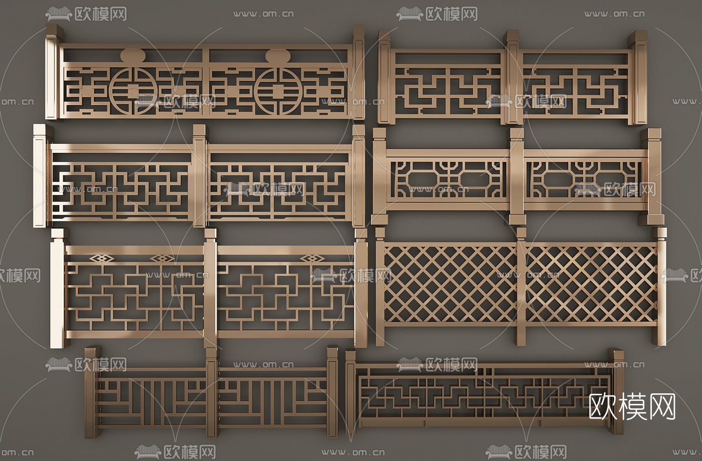 新中式欄杆護欄組合3d模型