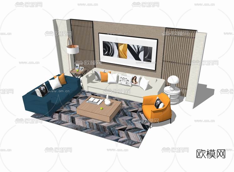 现代沙发组合su模型下载（渲染图2）