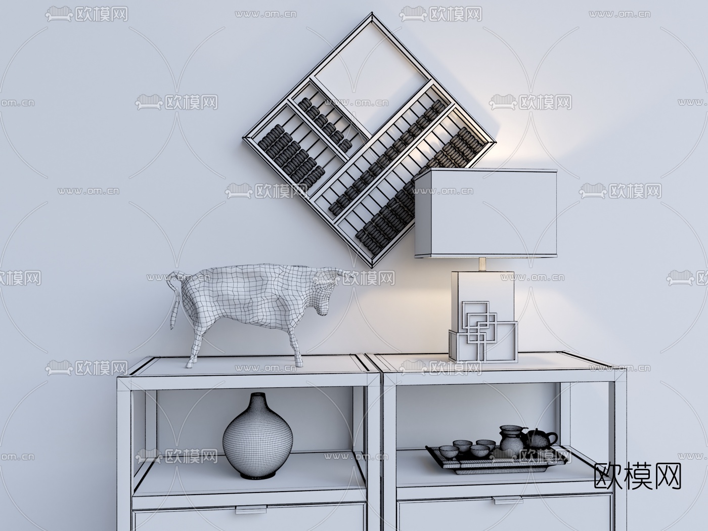 新中式装饰柜摆件组合3D模型下载（渲染图3）