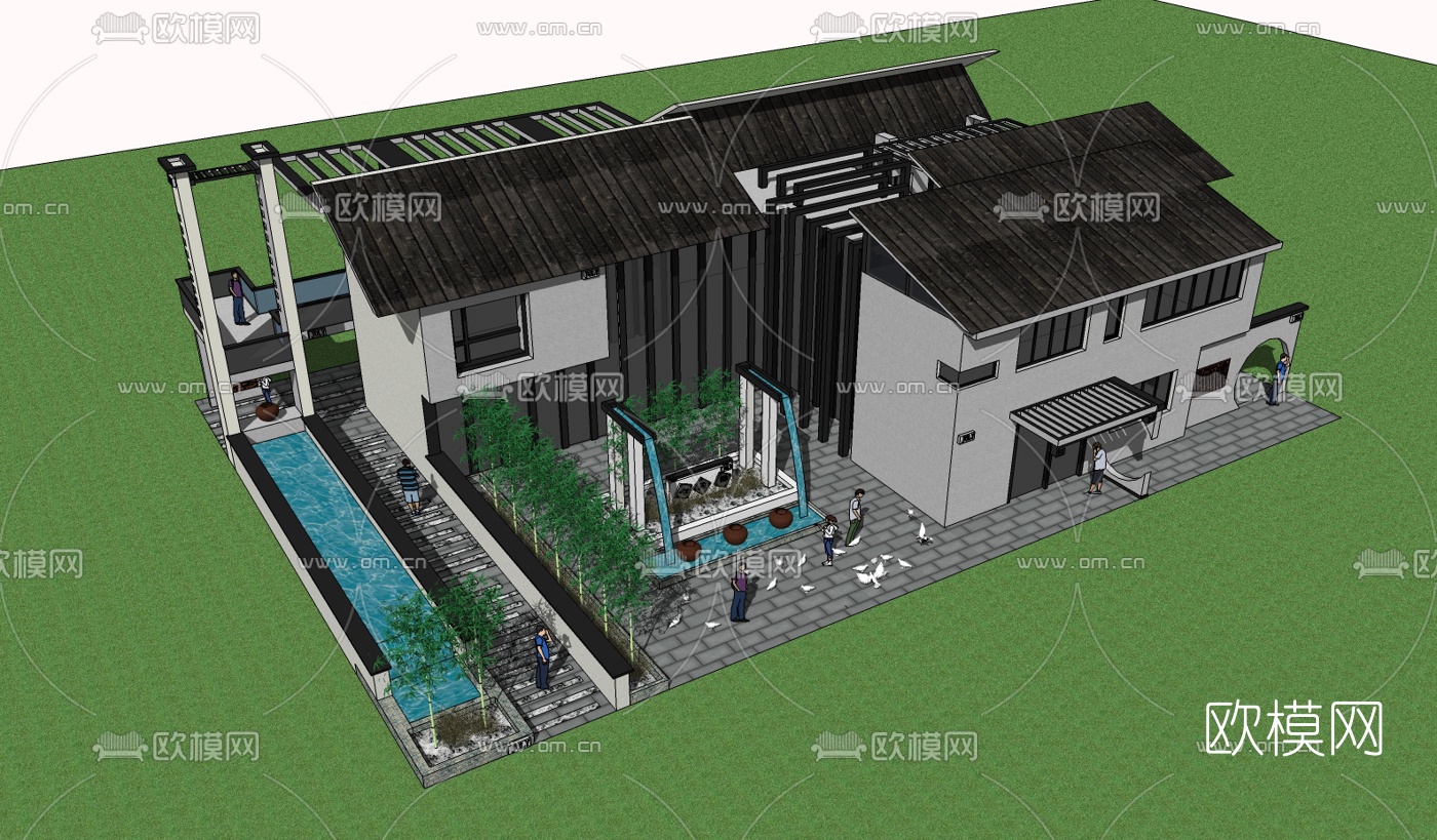 新中式独栋别墅su模型下载（渲染图2）
