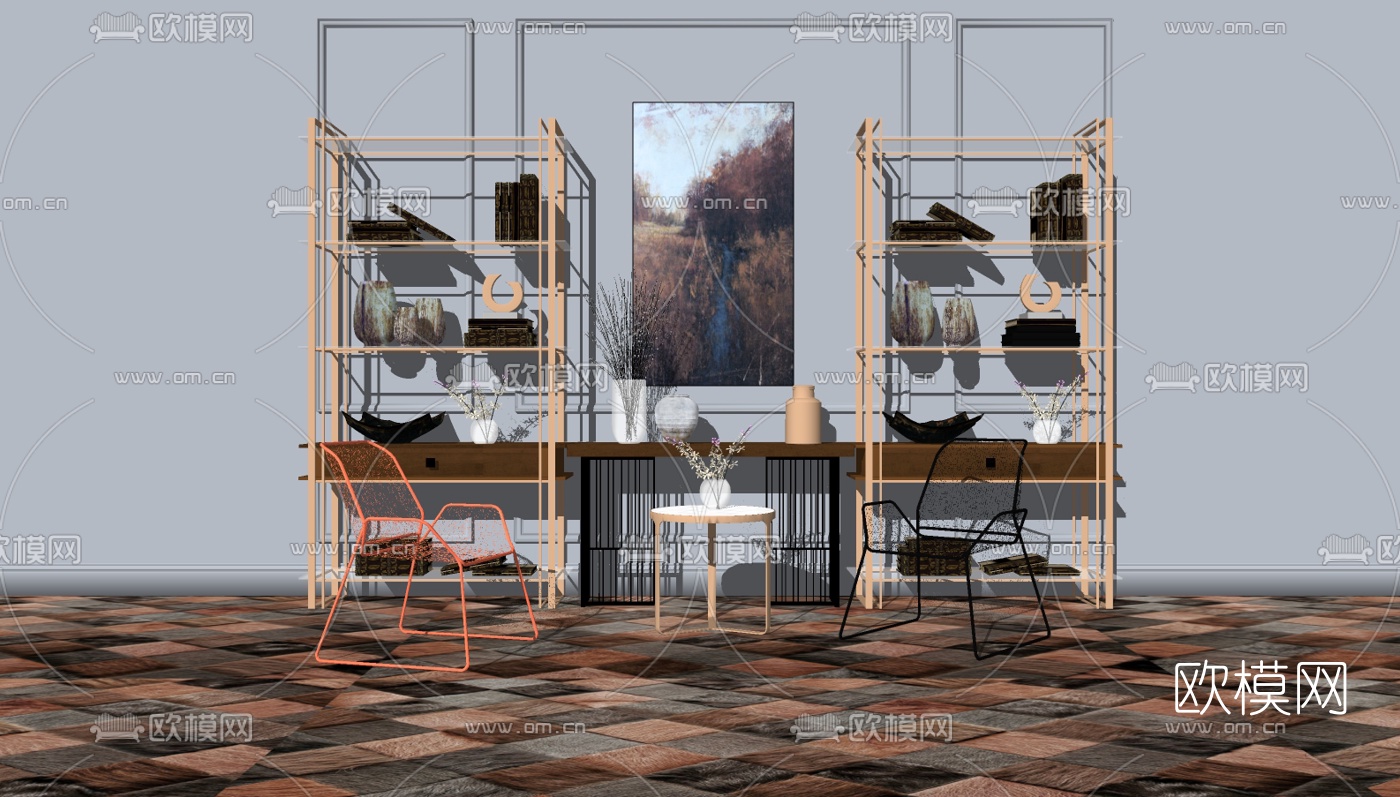 后现代简约单椅书柜组合su模型下载（渲染图2）