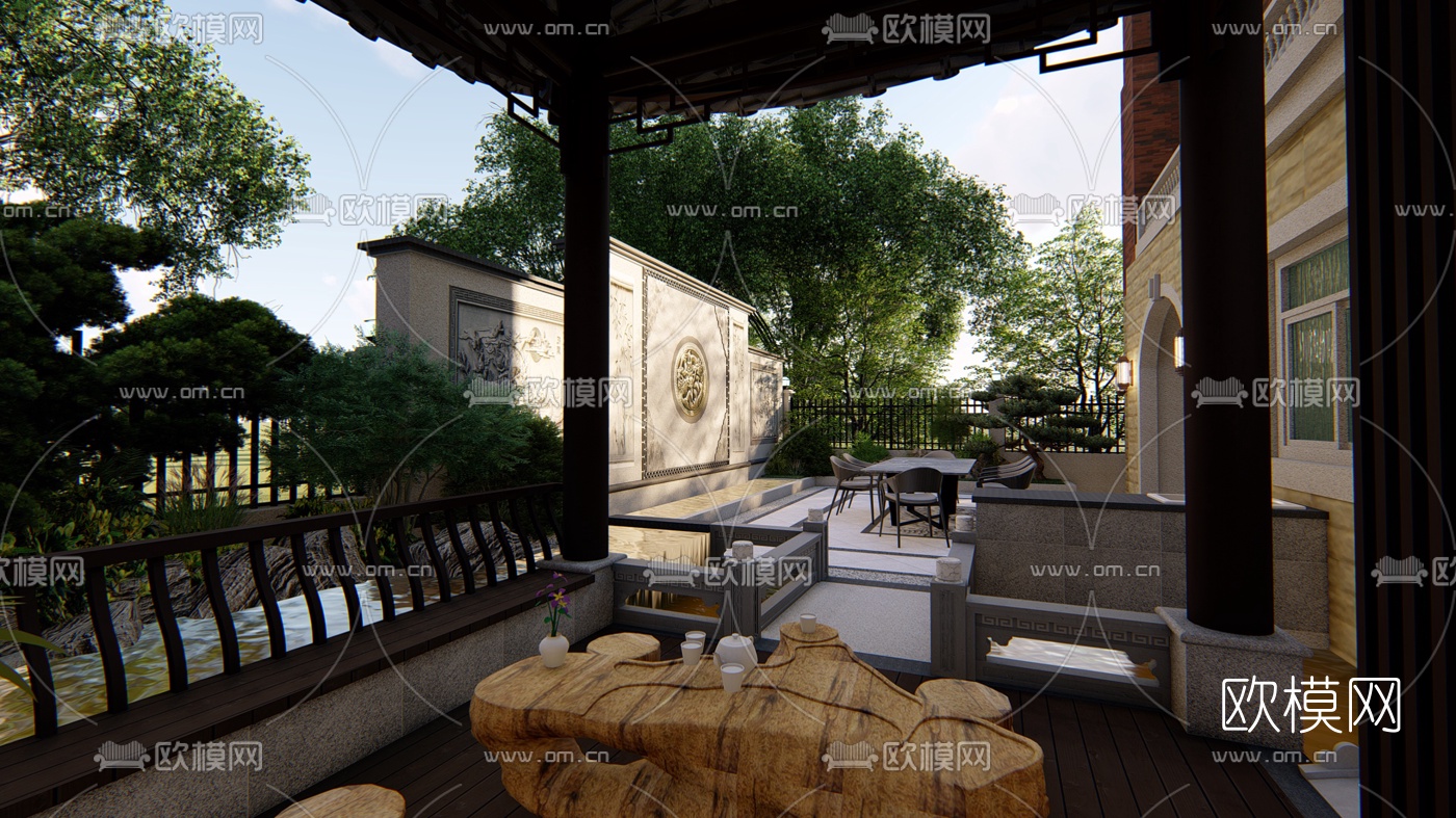 中式别墅庭院花园设计su模型下载（渲染图2）