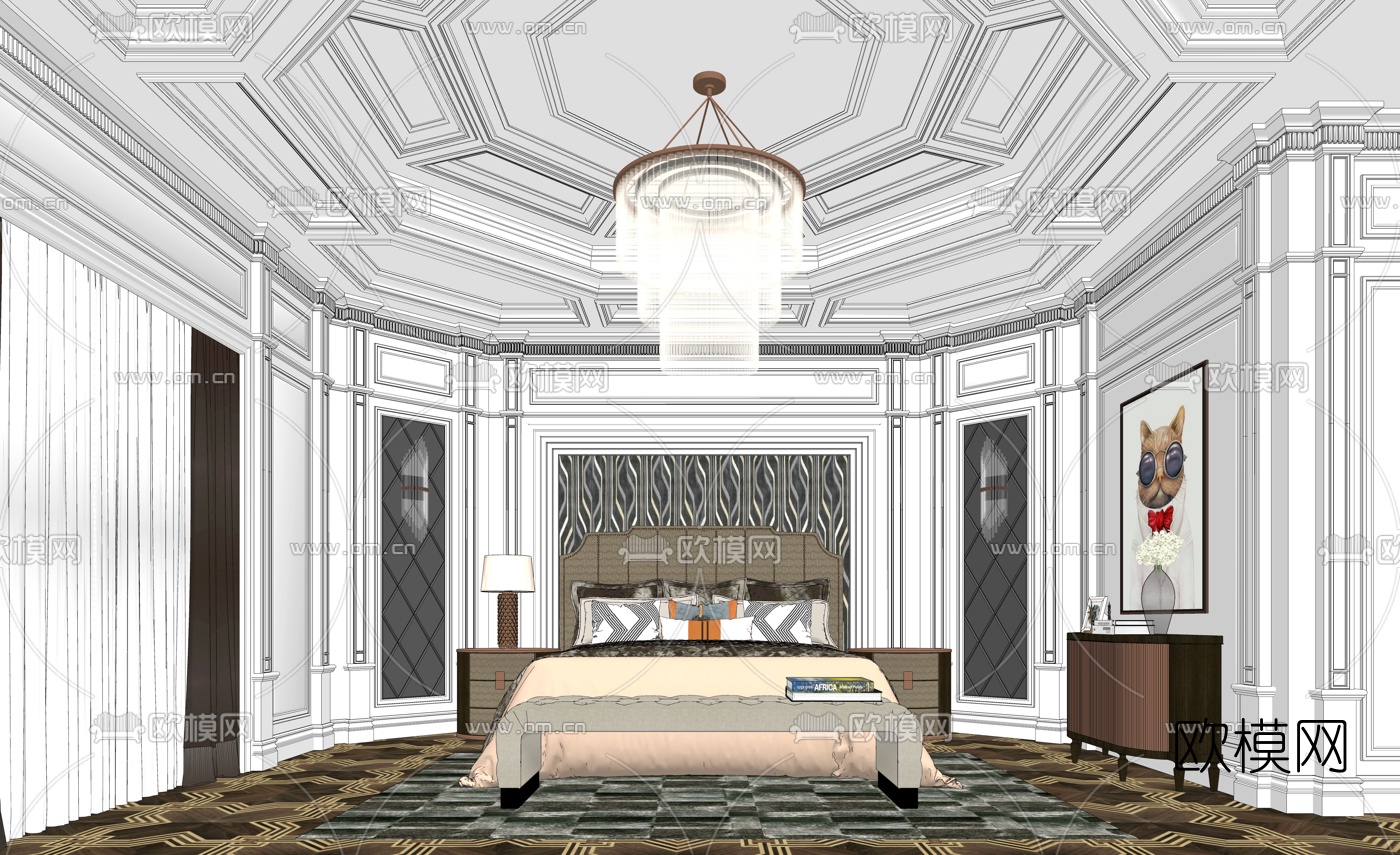 欧式古典卧室主人房su模型下载