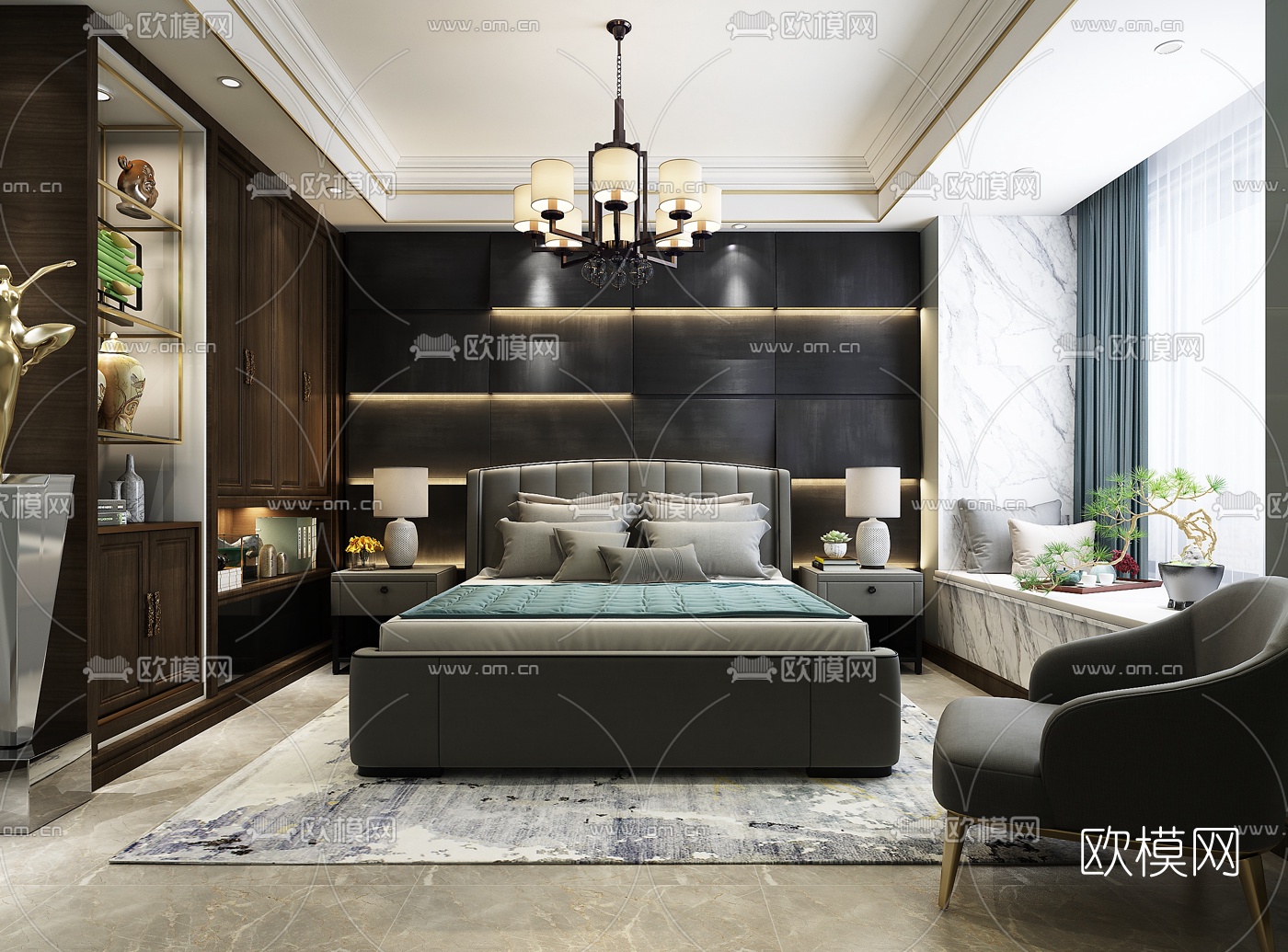 新中式卧室3d模型下载（渲染图1）