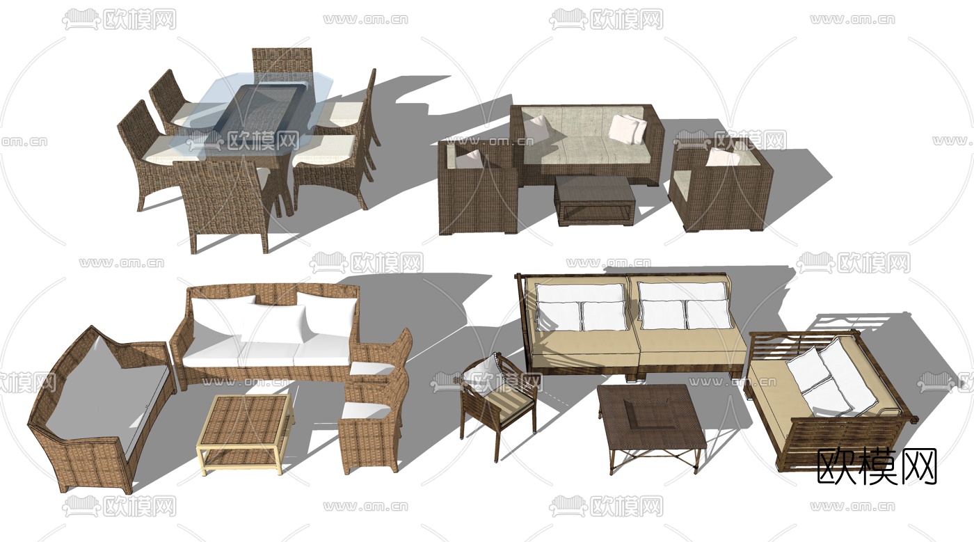 现代户外藤艺休闲桌椅su模型下载