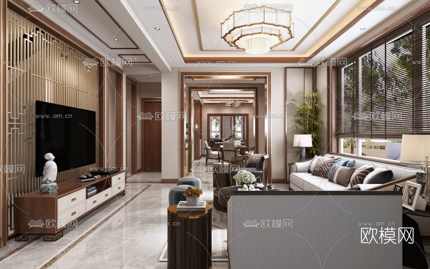 新中式客厅餐厅3d模型