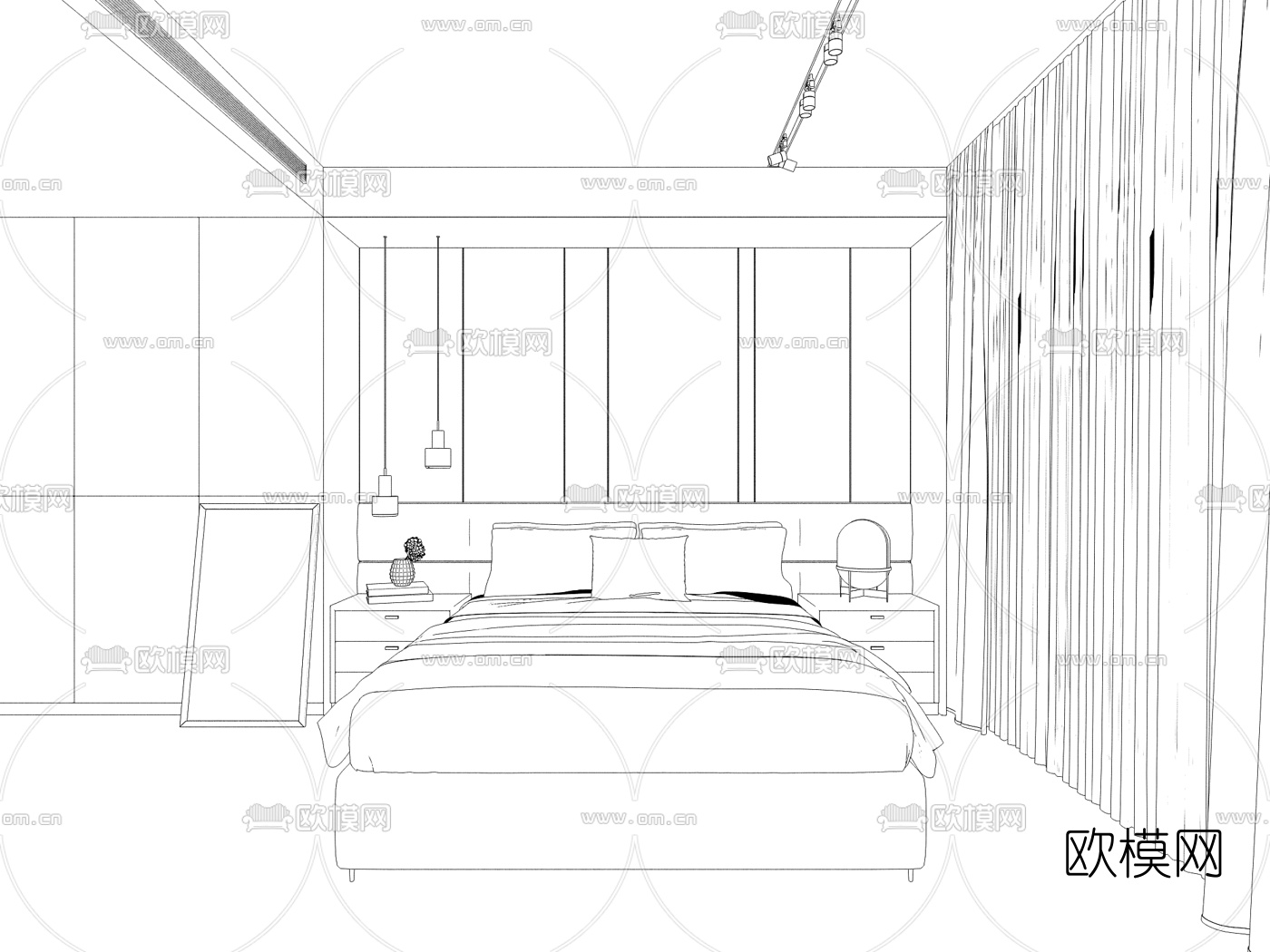 现代双人床3d模型下载（渲染图2）