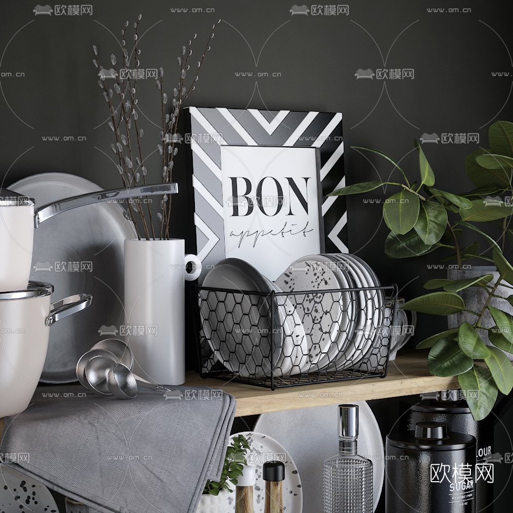 现代厨具餐具调料瓶食物组合3d模型下载（渲染图2）