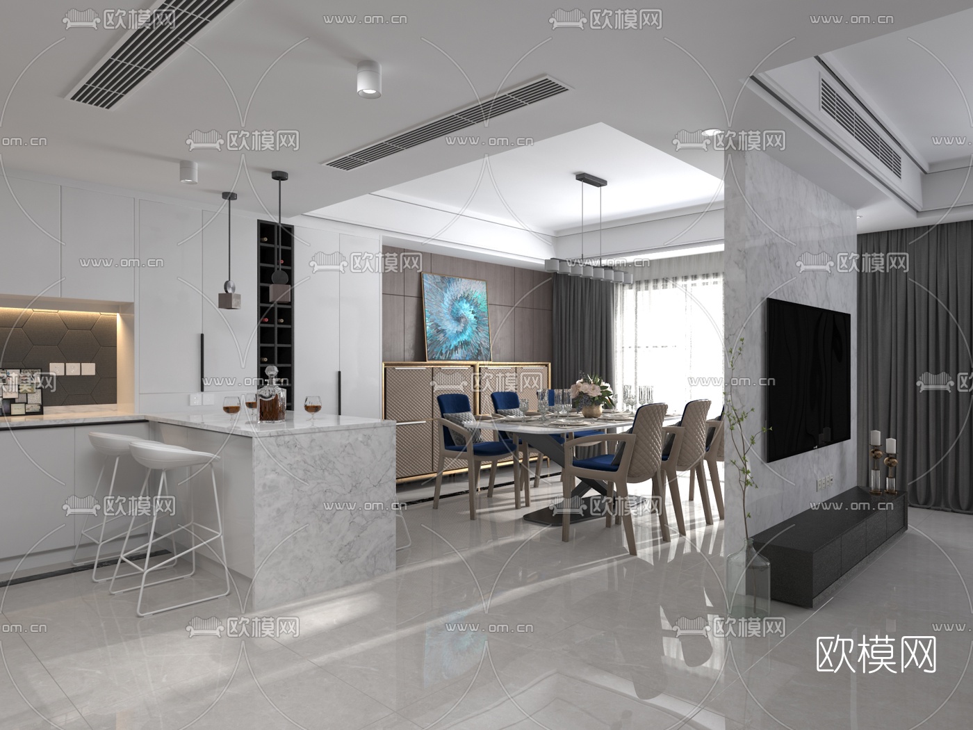 后现代客厅餐厅3d模型