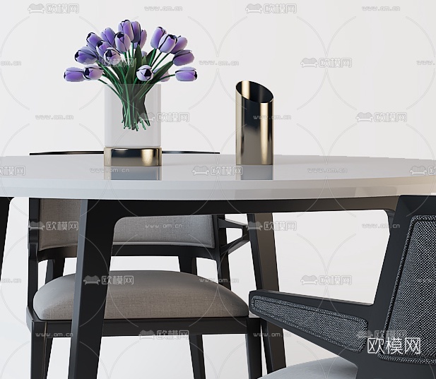 现代圆形四人桌餐桌椅3D模型下载（渲染图4）