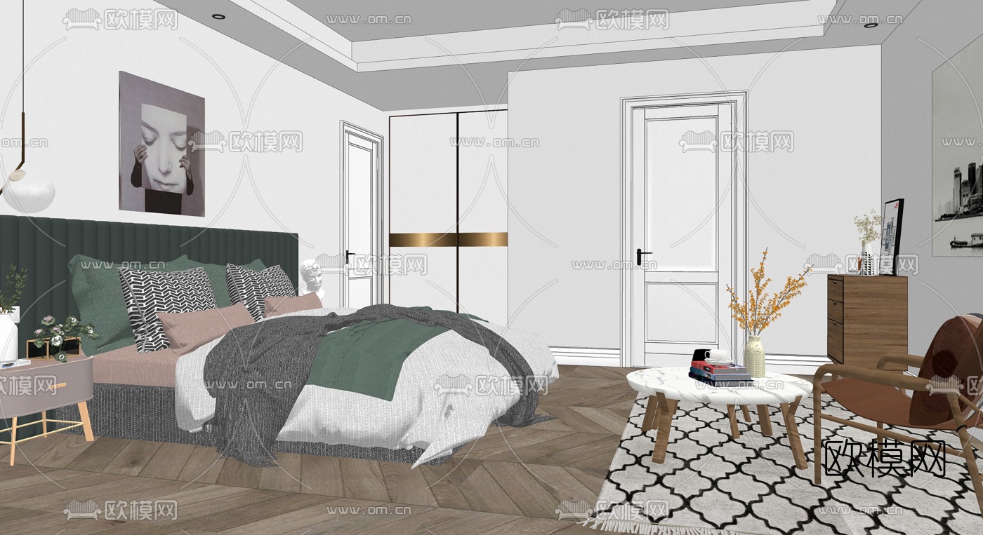 北欧卧室主人房su模型下载（渲染图1）